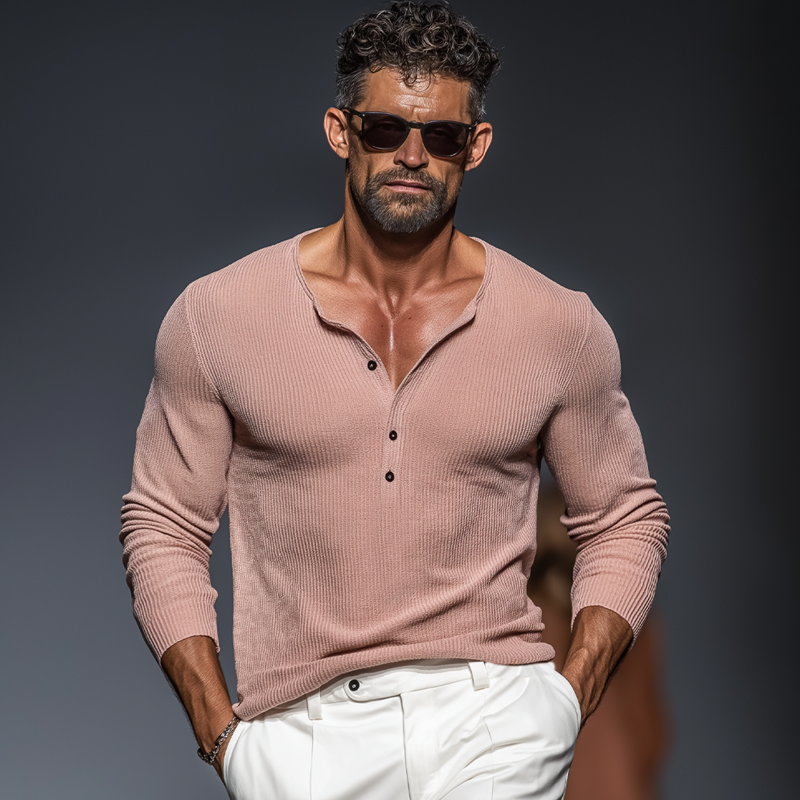 Men's Casual Pink Stretch Slim Fit Henley Knit Long Sleeve T-Shirt MTA2751J0U