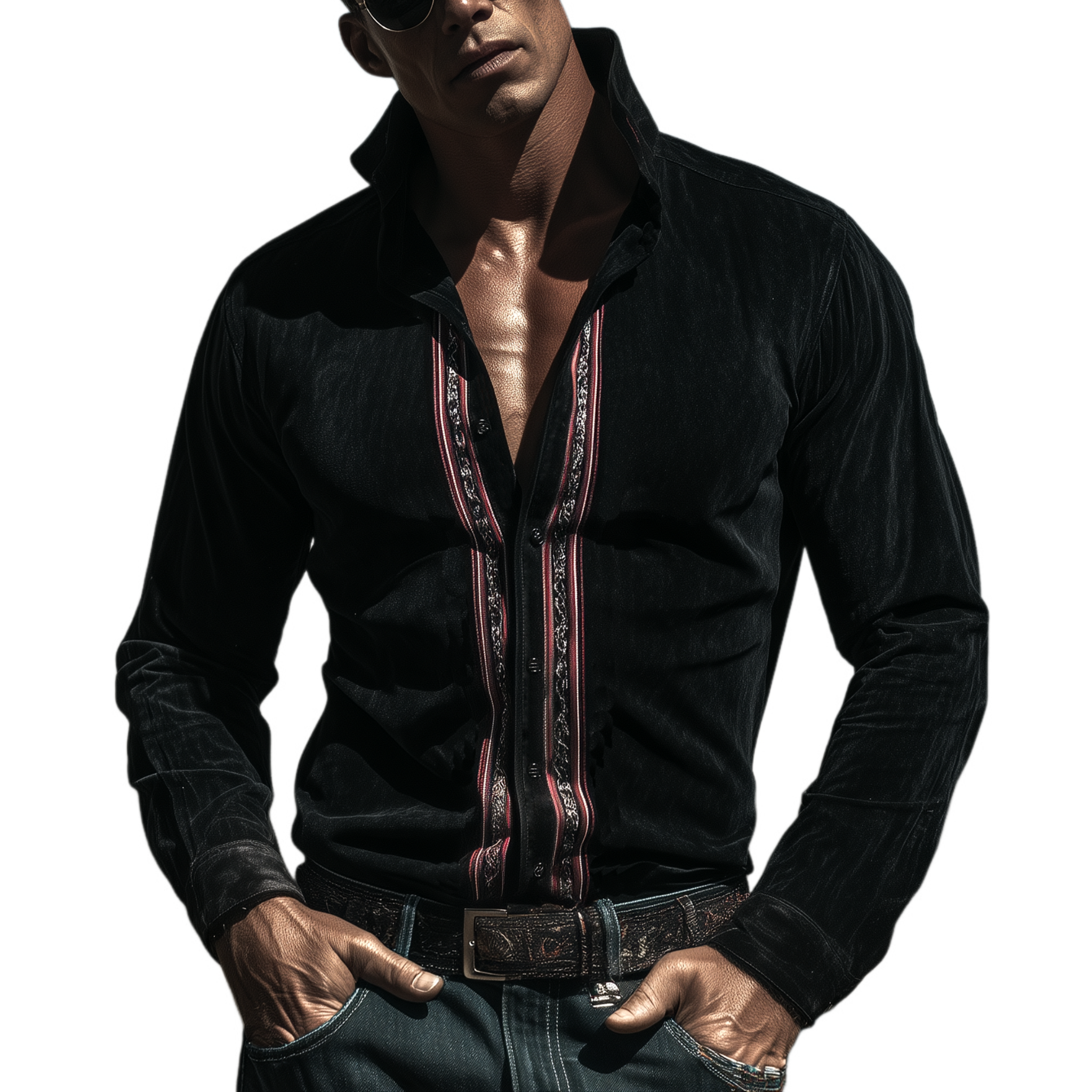 Men's Classic Vintage Western-style Stand-collar Embroidered Faux Suede Slim-fit Long-sleeved Shirt MTA1502L4K