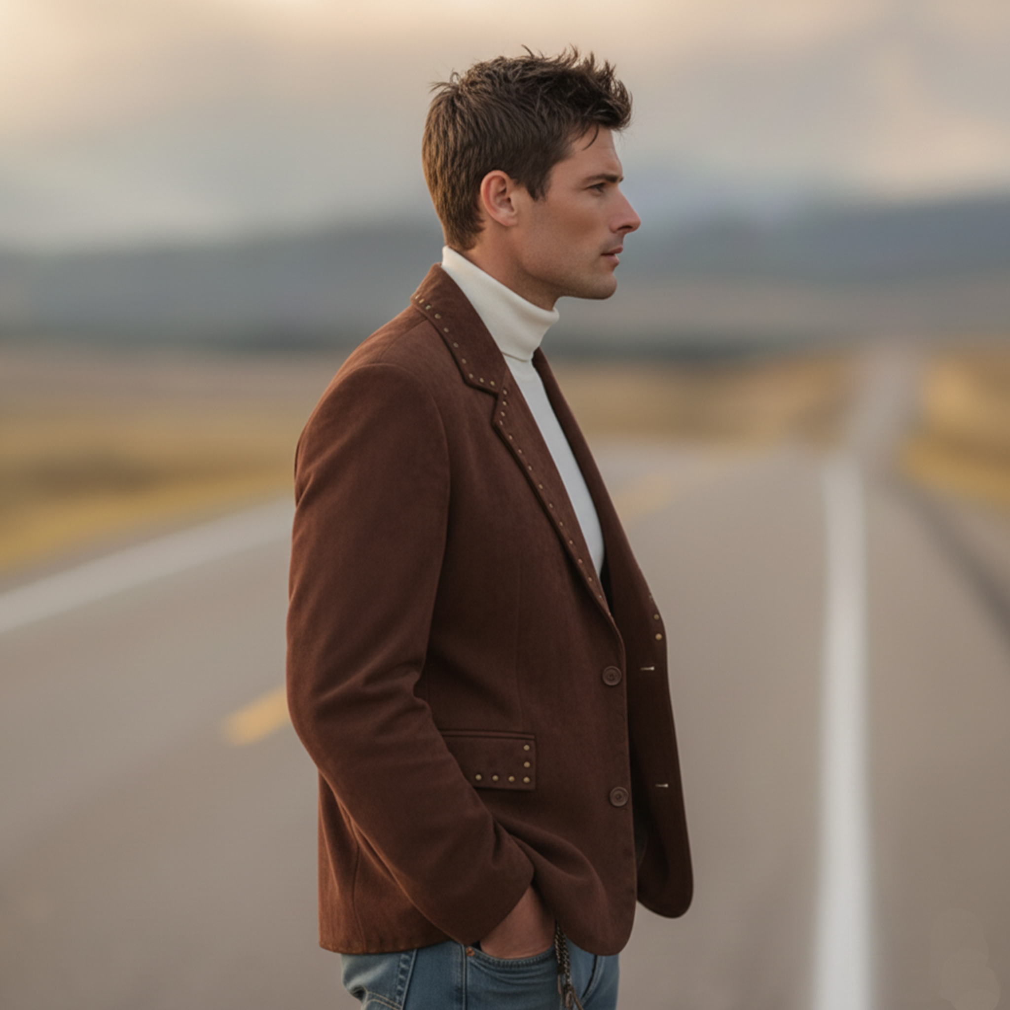 Men's Classic Retro Western Style Stand-up Collar Metal Studded Faux Suede Blazer MTA1026K3K