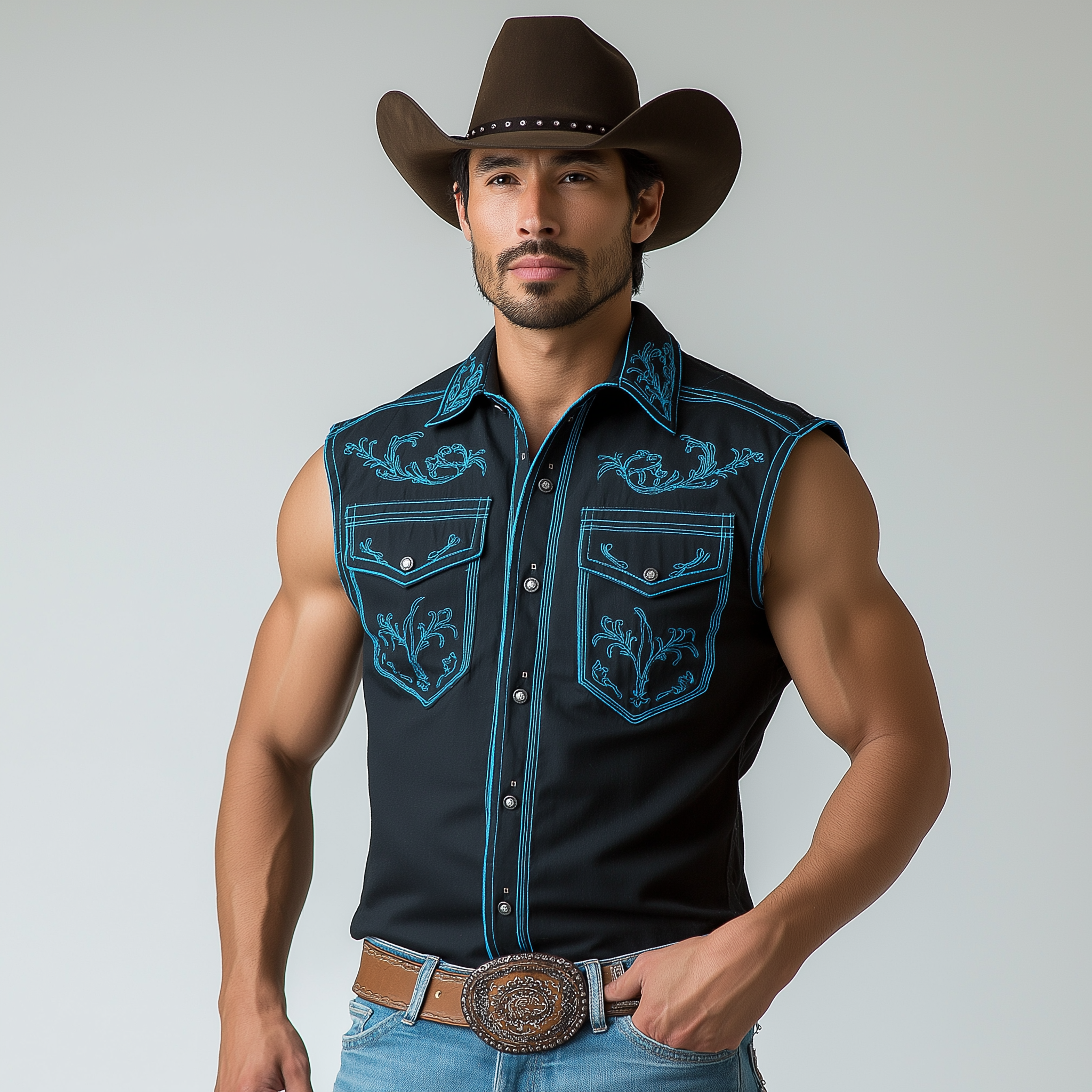 Men's Summer Western Cowboy Style Embroidered Cotton Blended Sleeveless Shirt MTA1404E4P