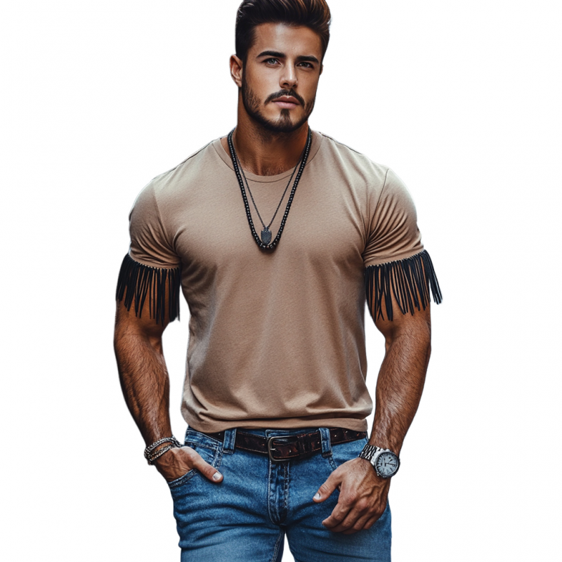 Men's Casual Breathable Cotton Round Collar Cuffs Tassel Slim Fit Short Sleeve T-shirt MTA2192E0M