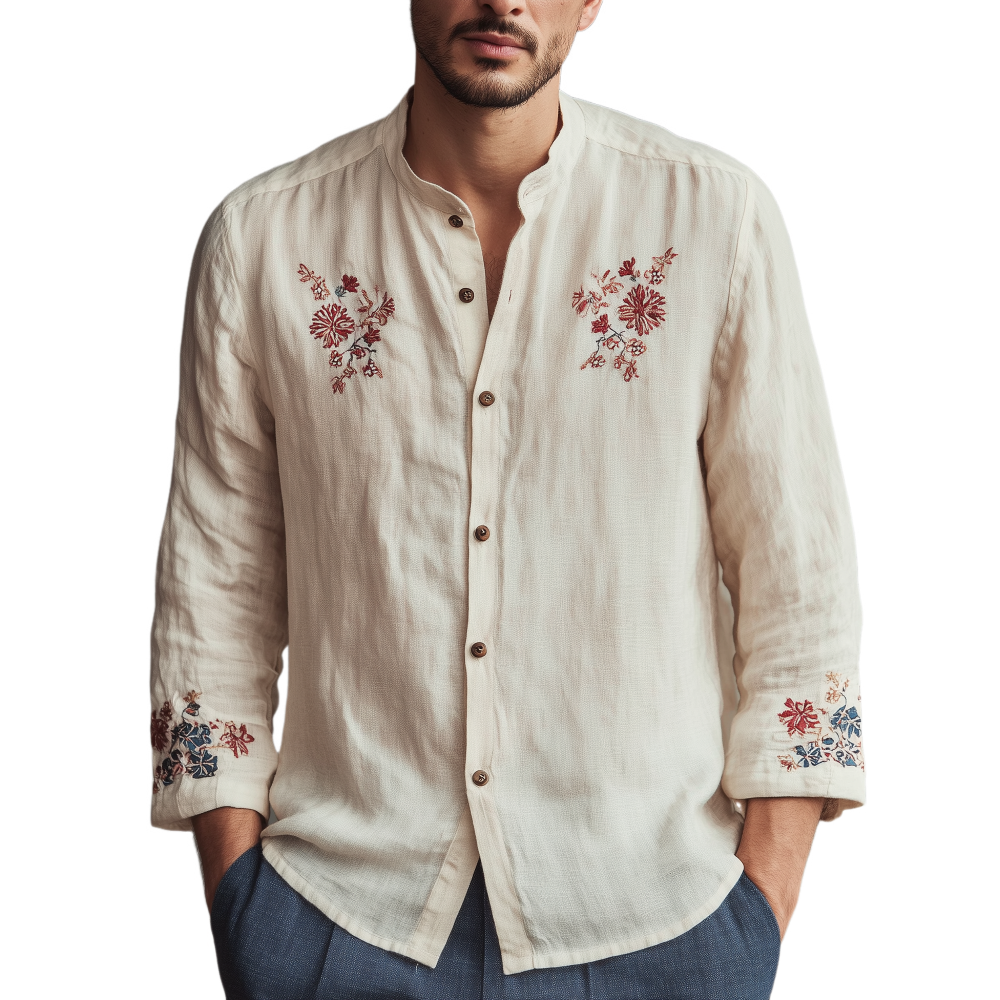 Men's Classic Casual Stand-up Collar Cotton Linen Cuffs And Chest Embroidery Loose Long Sleeve Shirt MTA2331G8K
