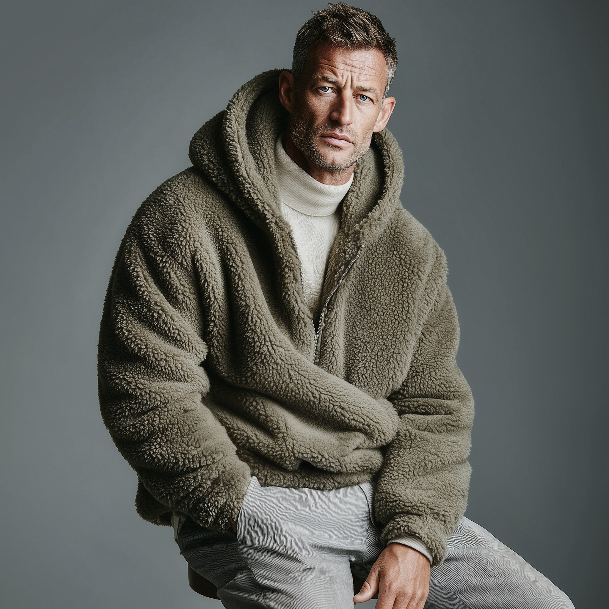 Men's Casual Fashionable Hooded Zippered Teddy Fleece Loose Sweatshirt MTA1712J7K