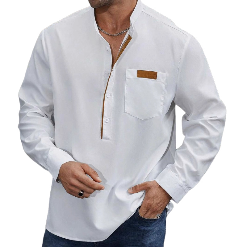 Men's Stand Collar Colorblock Long Sleeve Cotton Blend Shirt MTA2858G7X