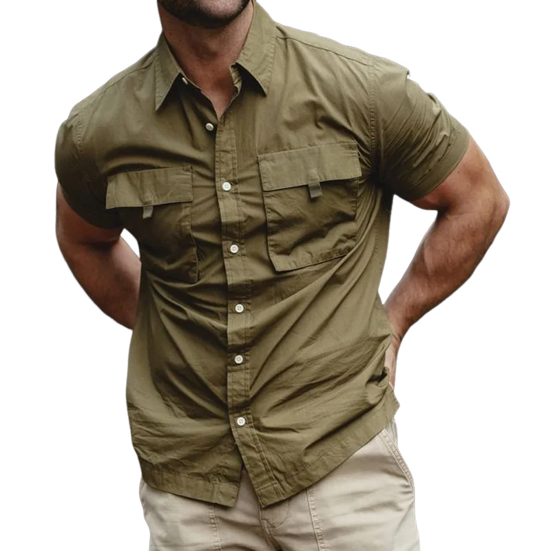 Men's Solid Color Lapel Chest Pocket Short Sleeve Cargo Shirt 27267452Z