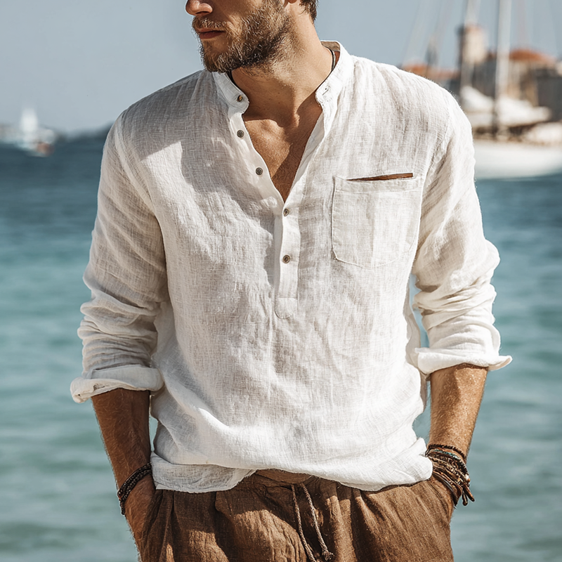 Men's Solid Color Cotton And Linen Henley Collar Long Sleeve Shirt MTA1026G7Z