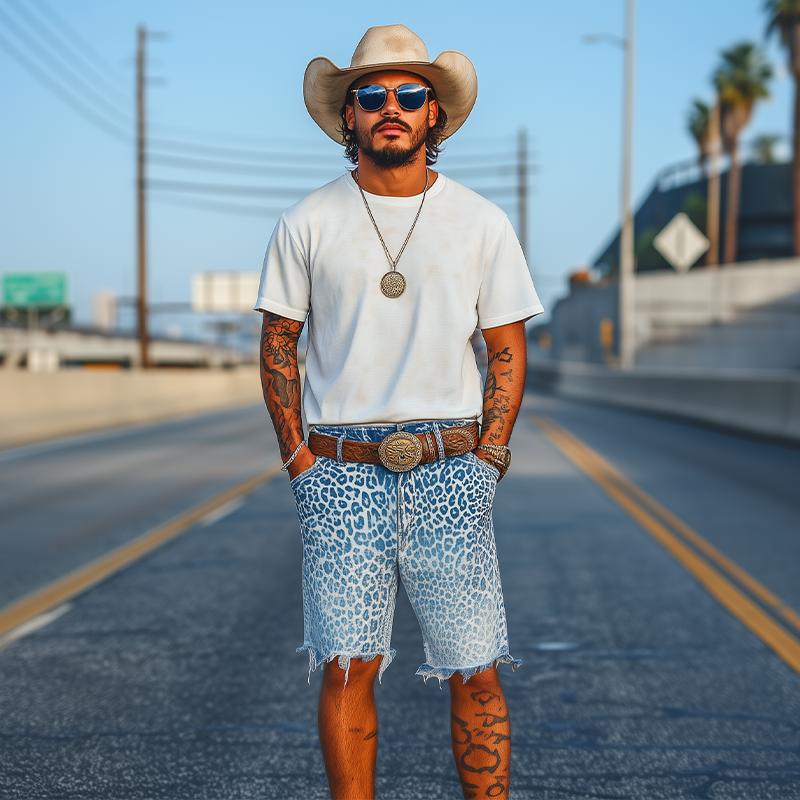 Men's Spring And Summer Fashion Retro Western Cowboy Style Washed Gradient Denim Leopard Print Loose Trousers Raw Edge Casual Shorts MTA1394E7K