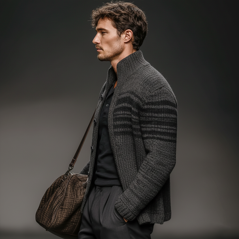 Men's Casual Colorblock Dark Grey Stand Collar Knitted Cardigan MTA2204J2U