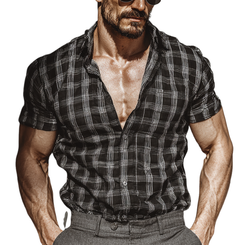 Men's Check Print Lapel Short Sleeve Shirt MTA0490G2X