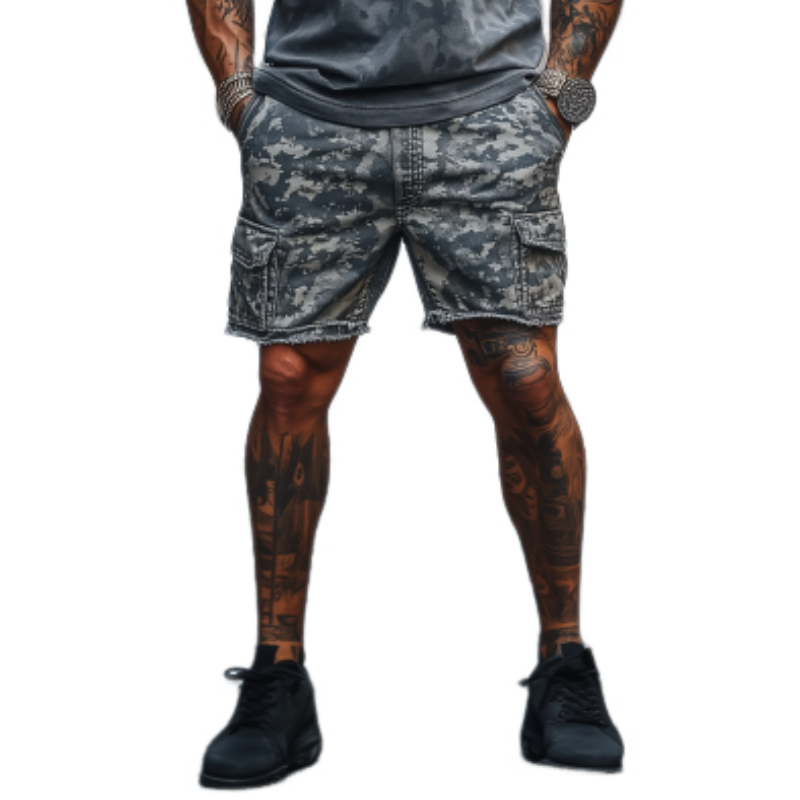 Klassiske, uformelle, uformelle, vaskede denim-camouflage-shorts 40668293K