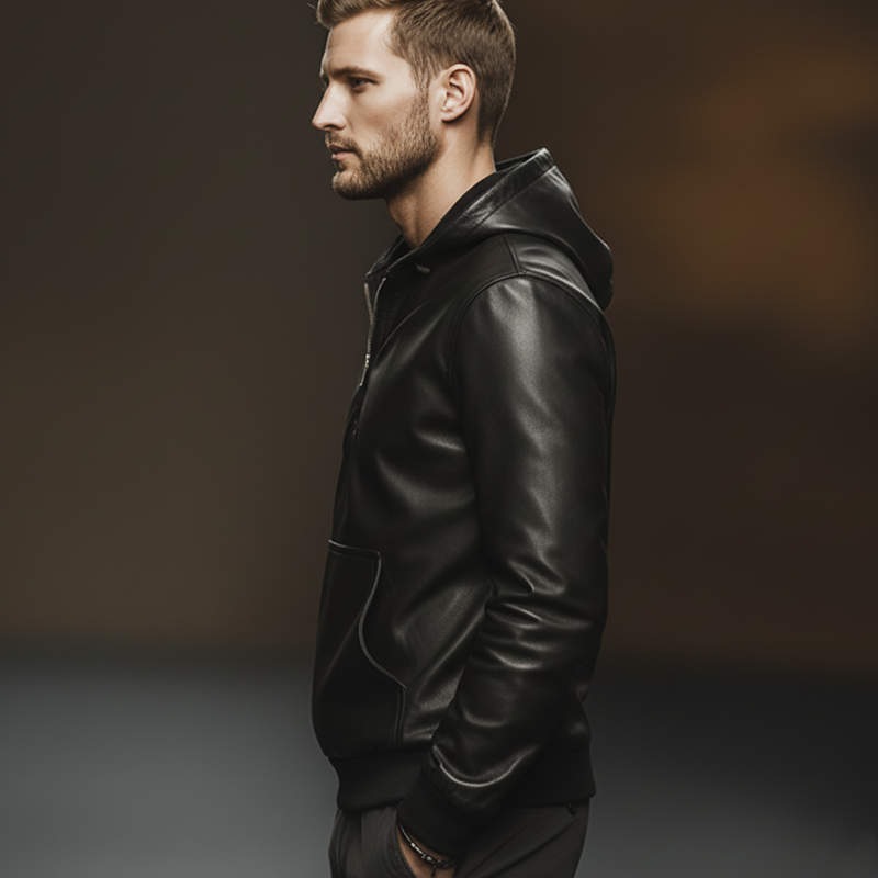 Men's Classic Quarter Zip Collar Black PU Leather Hoodie MTA2723J6U