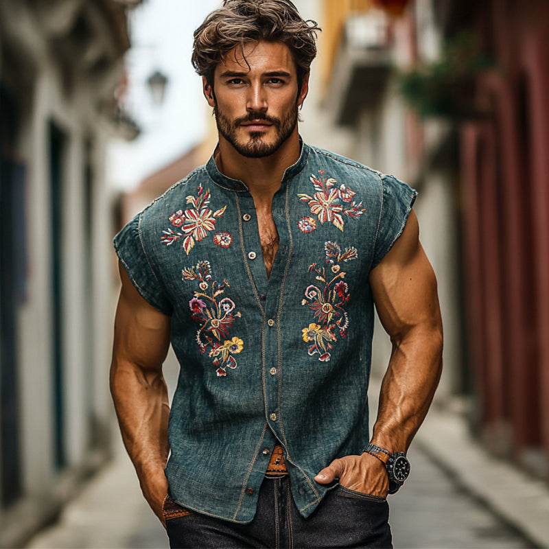 Men's Casual Cotton And Linen Embroidered Small Flying Sleeve Lapel Shirt MTA3048E7X