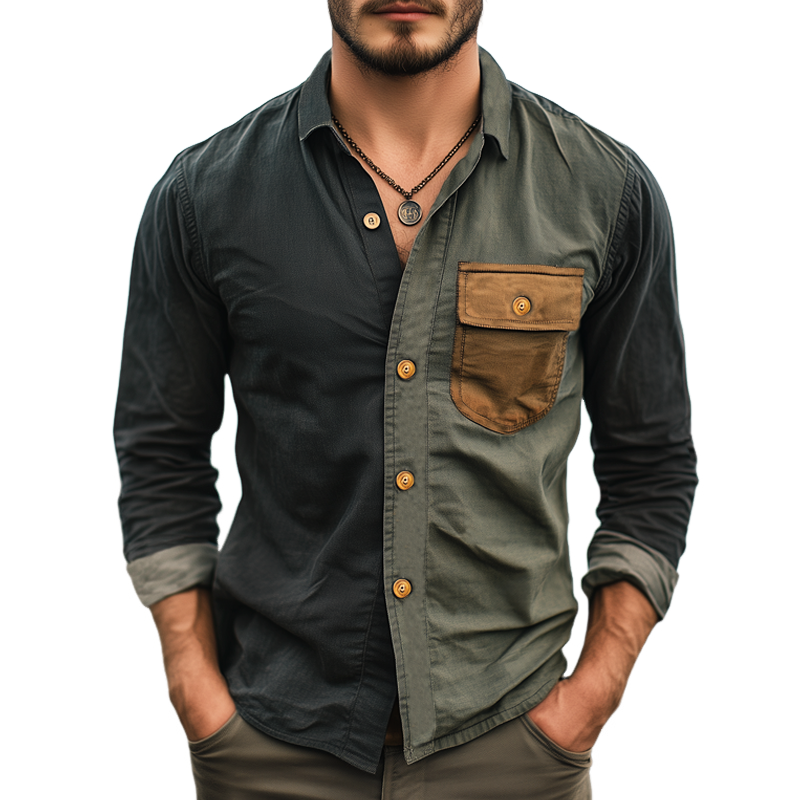 Men's Classic Button-Down Lapel Colorblock Long Sleeve Shirt MTA3166G1U