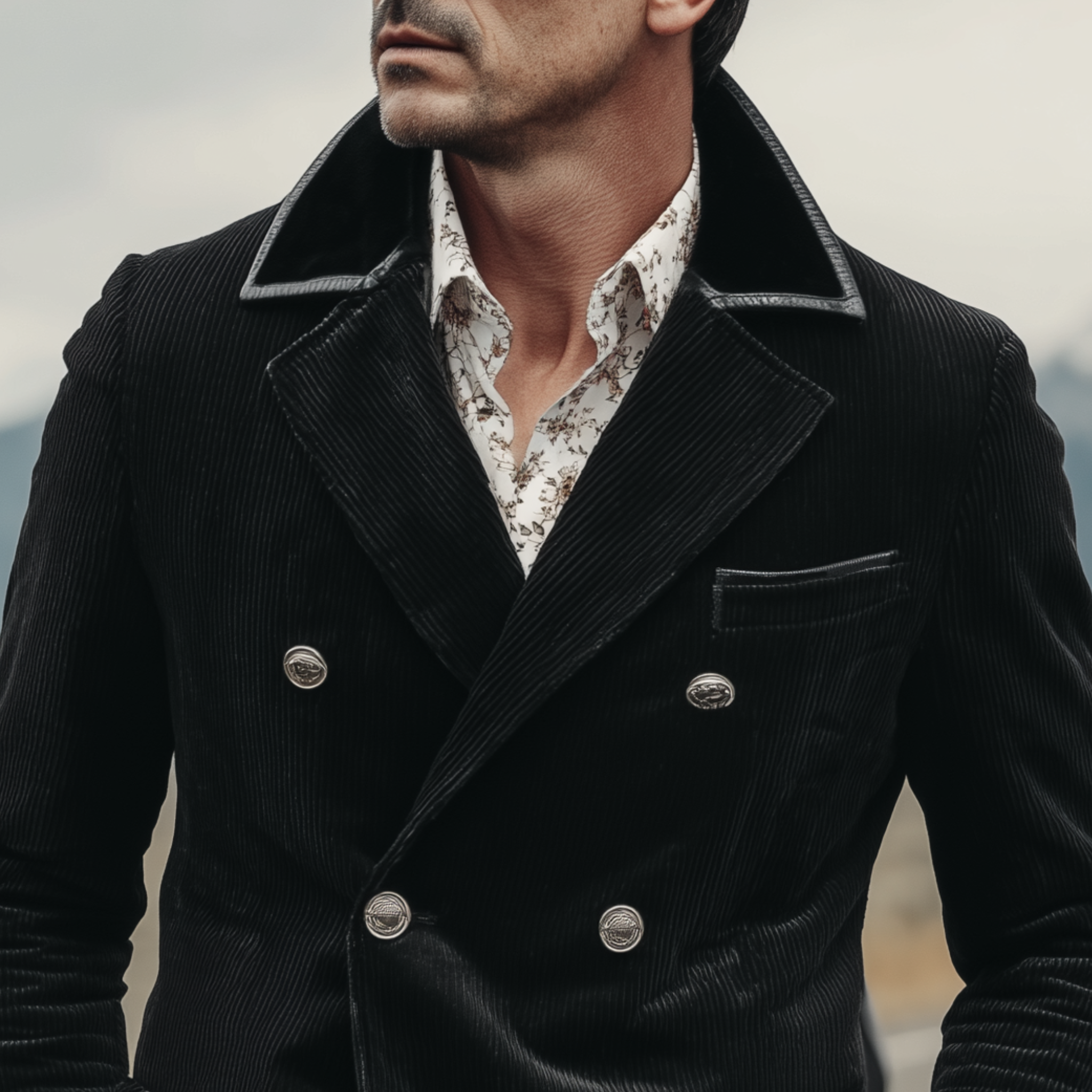 Men's Classic Retro Corduroy Double-breasted Collar Spliced PU Leather Slim-fit Blazer MTA1230H5K