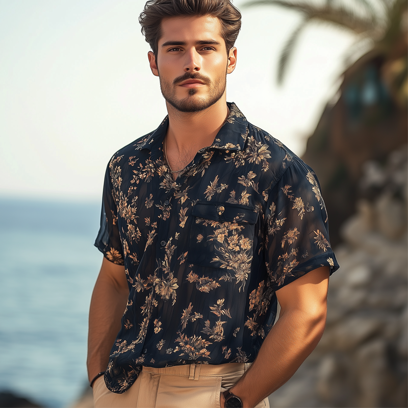 Men's Summer Soft Chiffon Printed Short Sleeve Shirt MTA0270G7U