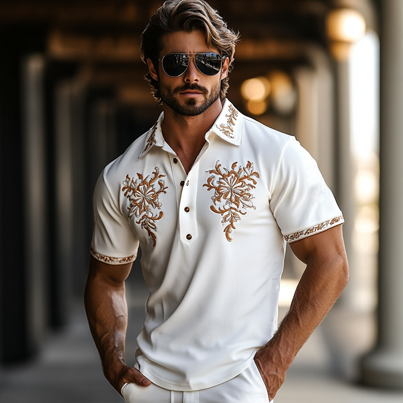 Herrepoloskjorte i vestlig stil, brodert med korte ermer MTA0997F2Y