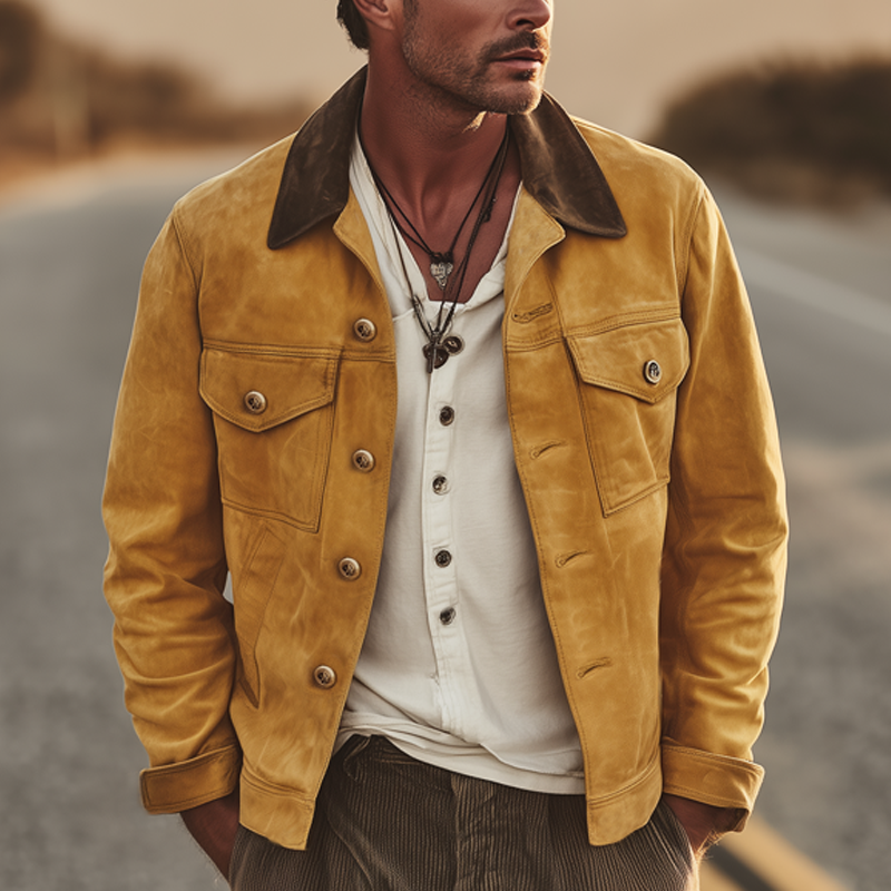 Men's Vintage Suede Colorblock Collar Button Jacket MTA1249H5U