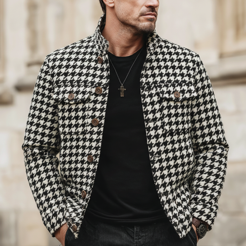 Men's Classic Stand-collar Houndstooth Faux Wool Button-up Jacket MTA0559L7U