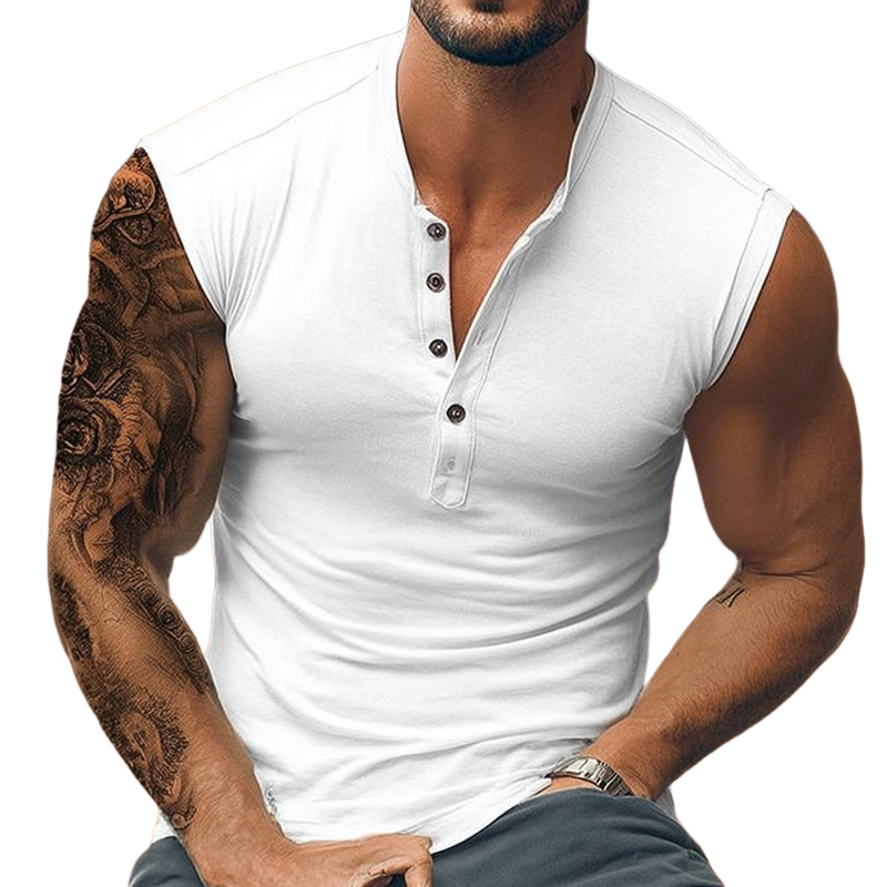 Men's Cotton Blend Henley Neck Sleeveless Tank Top MTA1433G8X