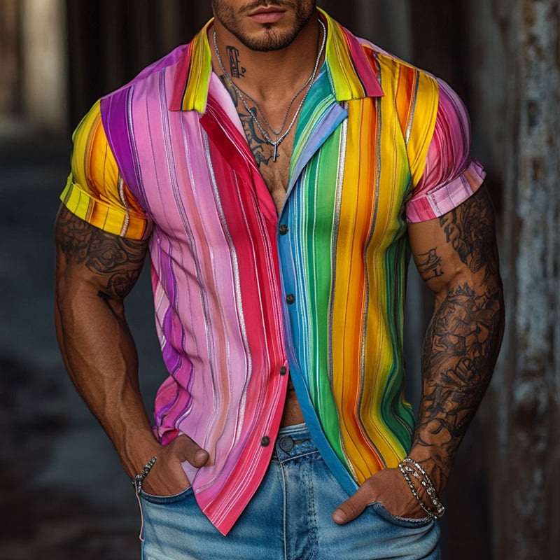 Men'S Retro Casual Rainbow Stripe Print Lapel Short Sleeve Shirt MTA0979E6TO