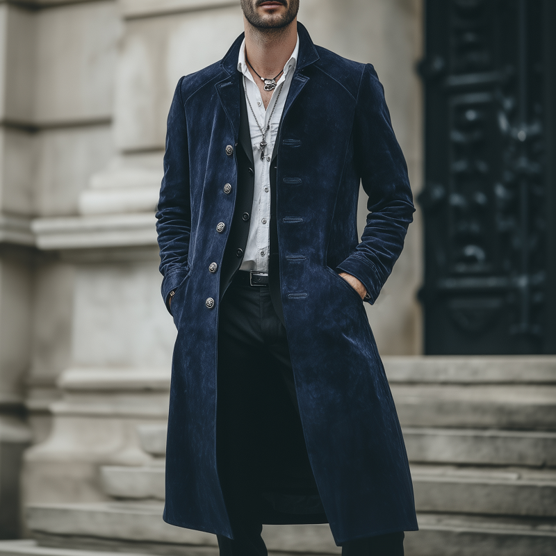 Men's Vintage Elegant Solid Color Suede Lapel Single-Breasted Slim Knee-Length Coat MTA0286H3M