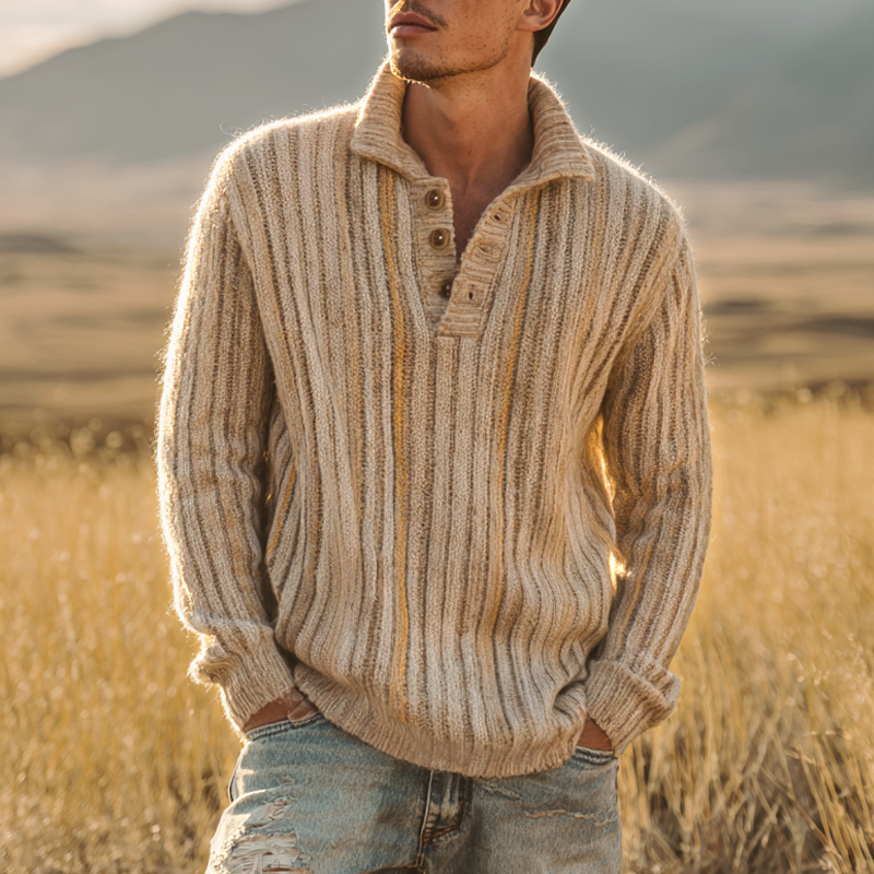 Men's Striped Knitted Lapel Long Sleeve Casual Sweater MTA0209I6Z