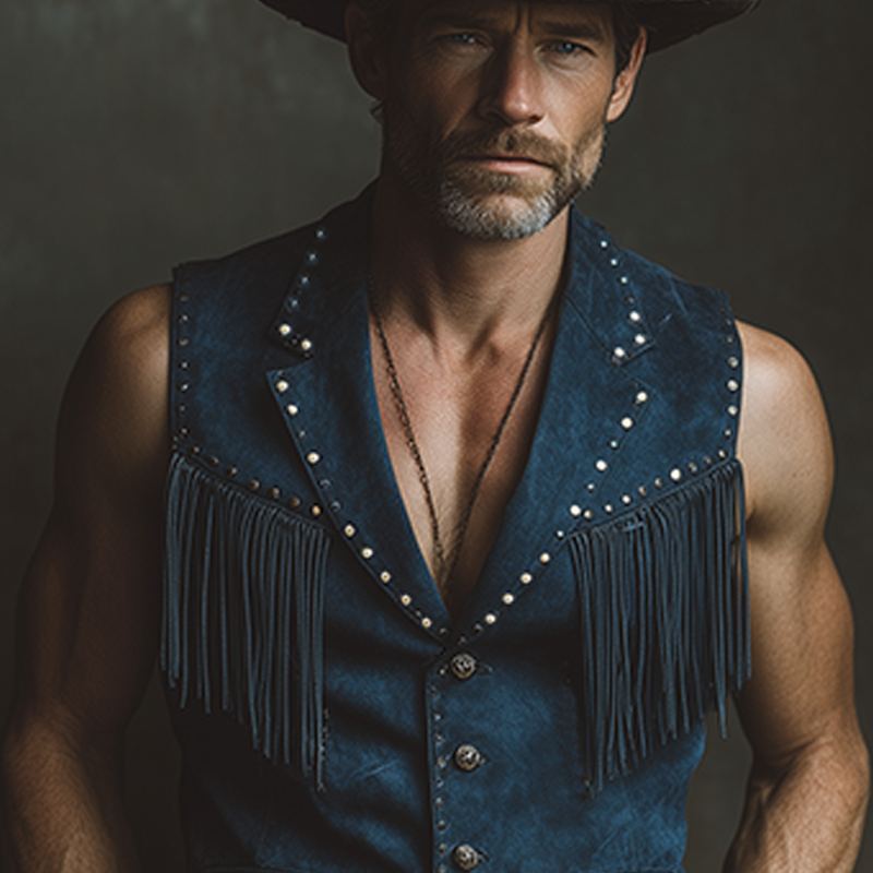 Men's Spring And Summer New American Retro Western Cowboy Thin Suede Tassel And Metal Rivet Slim Fit Single Wear Vest MTA1878F5K