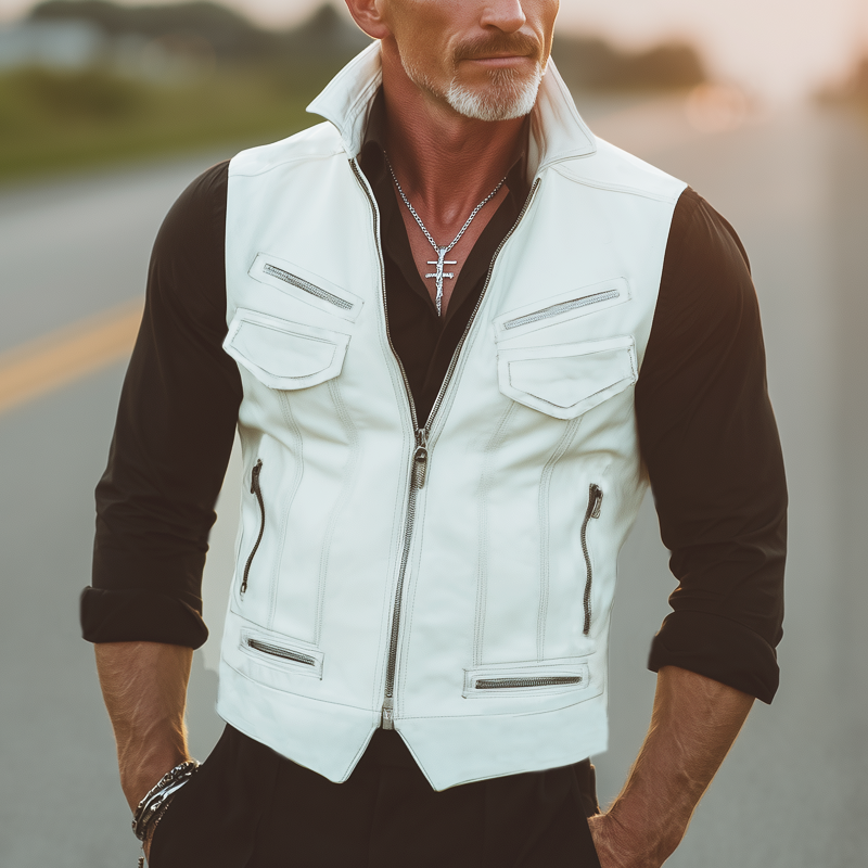 Men's Vintage Multi-Pocket Stand Collar PU Leather Zipper Vest MTA1413H2U