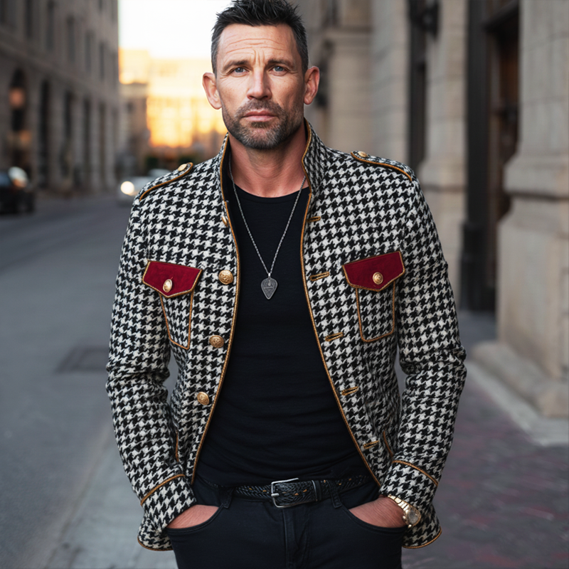 Men's Classic Stand-collar Houndstooth Faux Wool Slim-fit Jacket MTA3043K2U