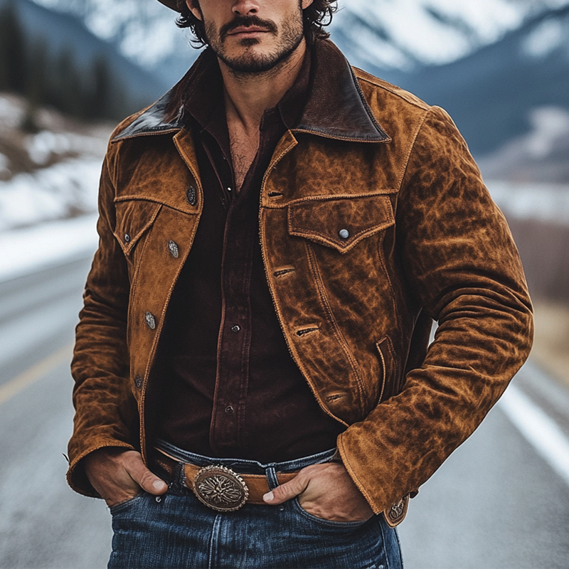 Men's Retro Western Cowboy Style Patchwork PU Collar Suede Jacket MTA0310K9X