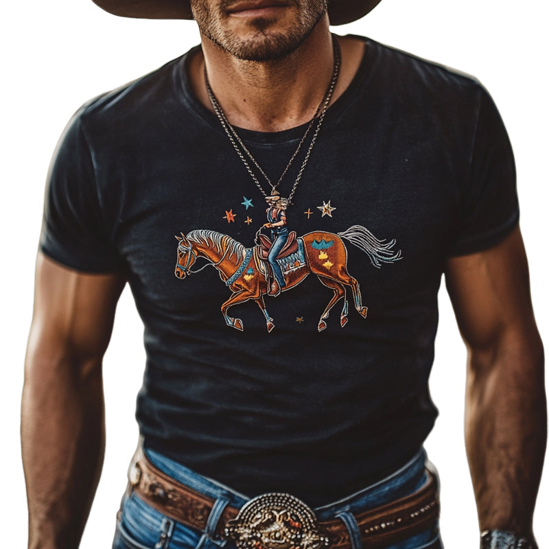 Herre t-skjorte med rund hals og korte ermer, vestlig cowboy-stil, trykk, MTA0307F2X