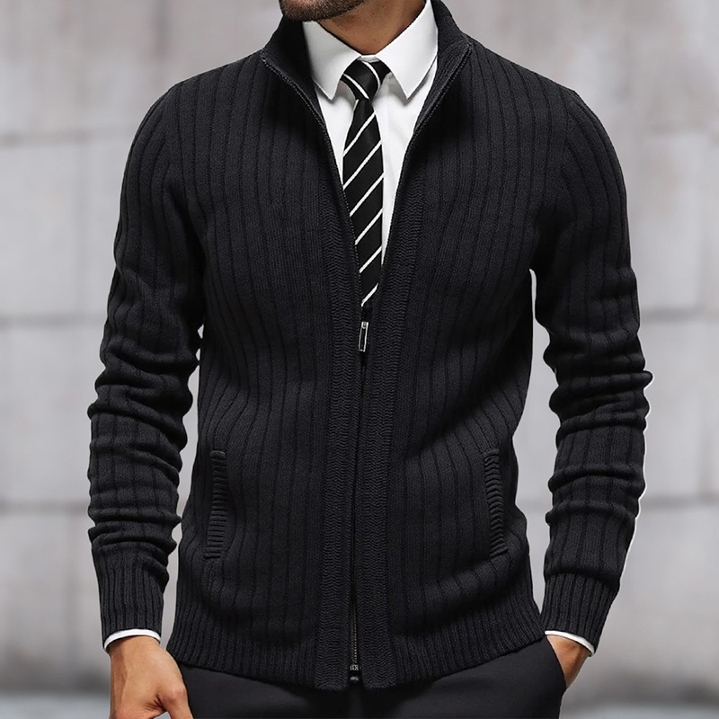 Men's Stand Collar Solid Color Striped Knit Zipper Cardigan MTA1352H6X