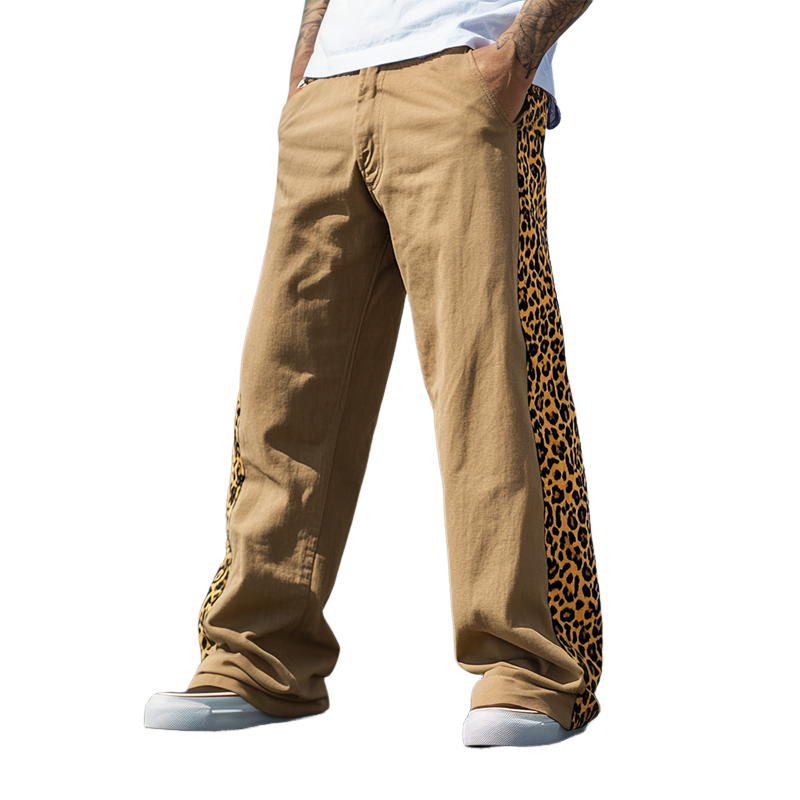 Men's Spring And Summer Casual Western Cowboy Style Cotton And Linen Splicing Leopard Print Loose Pants MTA1699E8K