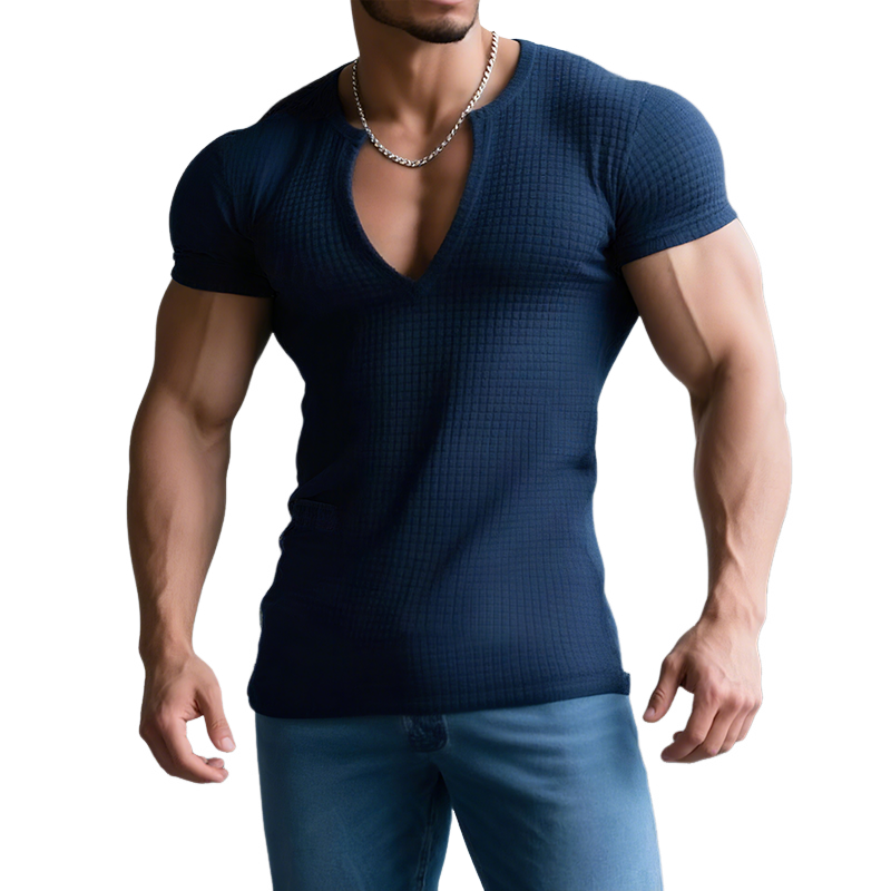 Men's Retro Casual Solid Color Waffle V-Neck Short Sleeve T-Shirt MTA1965G2TO