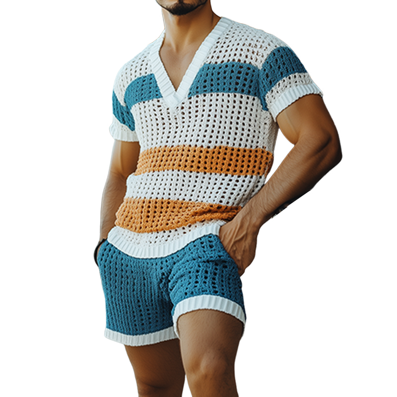 Men's Fashion Casual V-neck Contrast Color Horizontal Striped Knitted Short Sleeve T-shirt Elastic Waist Shorts Set MTA2676F6K