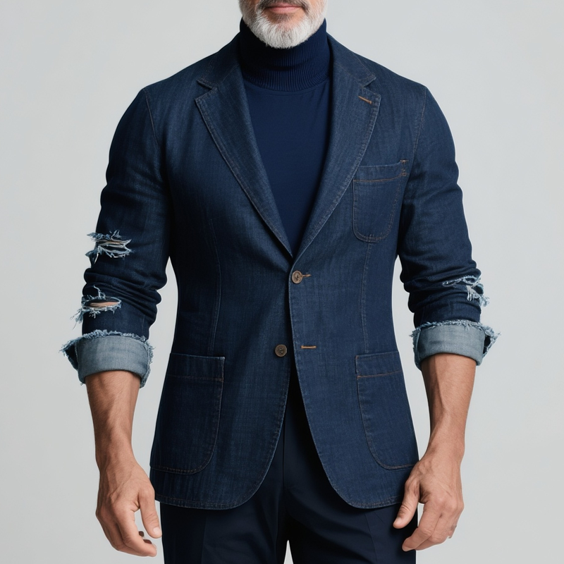 Men's Holes Denim Notch Lapel Multi-pocket Casual Blazer MTA2852G4Z