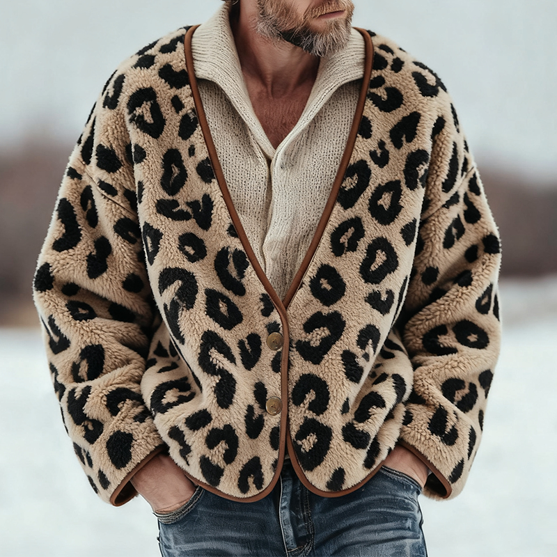 Men's Vintage Casual Leopard Fleece Button-Down Collarless Jacket MTA1680J0TO