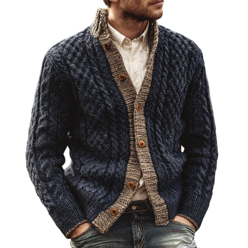 Men's Colorblock Knit Stand Collar Single Breasted Cardigan MTA3004H1Z
