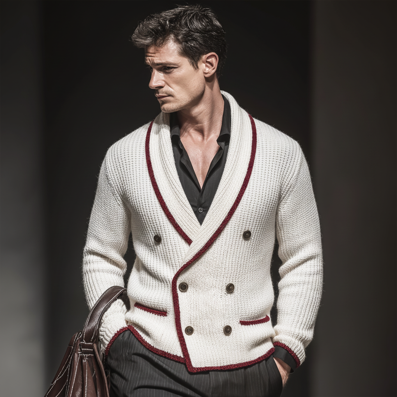 Men's Classic Colorblock Edge Lapel Double Breasted Knit Cardigan MTA2225J4U