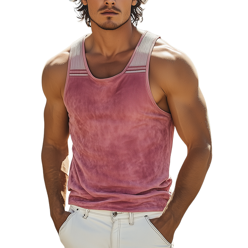 Men's Spring And Summer Fashion Casual Thin Suede Stitching Ribbed Embroidery Slim Fit U-neck Tank Top MTA3032F3K