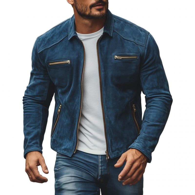 Men's Vintage Solid Suede Lapel Zipper Placket Zipper Pocket Slim Fit Jacket MTA0563H6M