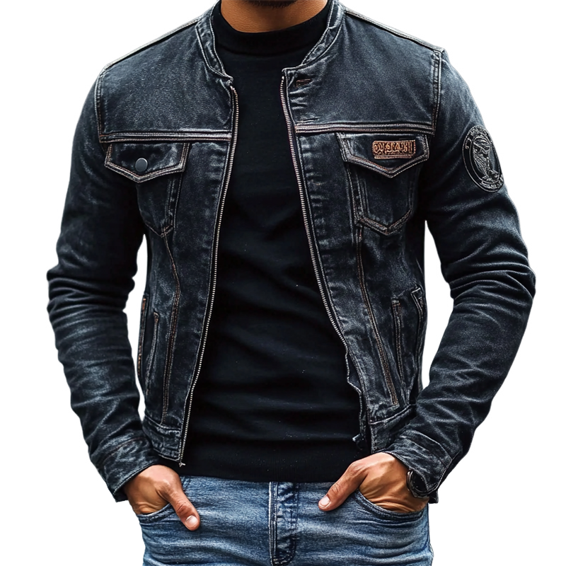 Men's Vintage Washed Baseball Collar Slim Fit Denim Jacket MTA1993H5X