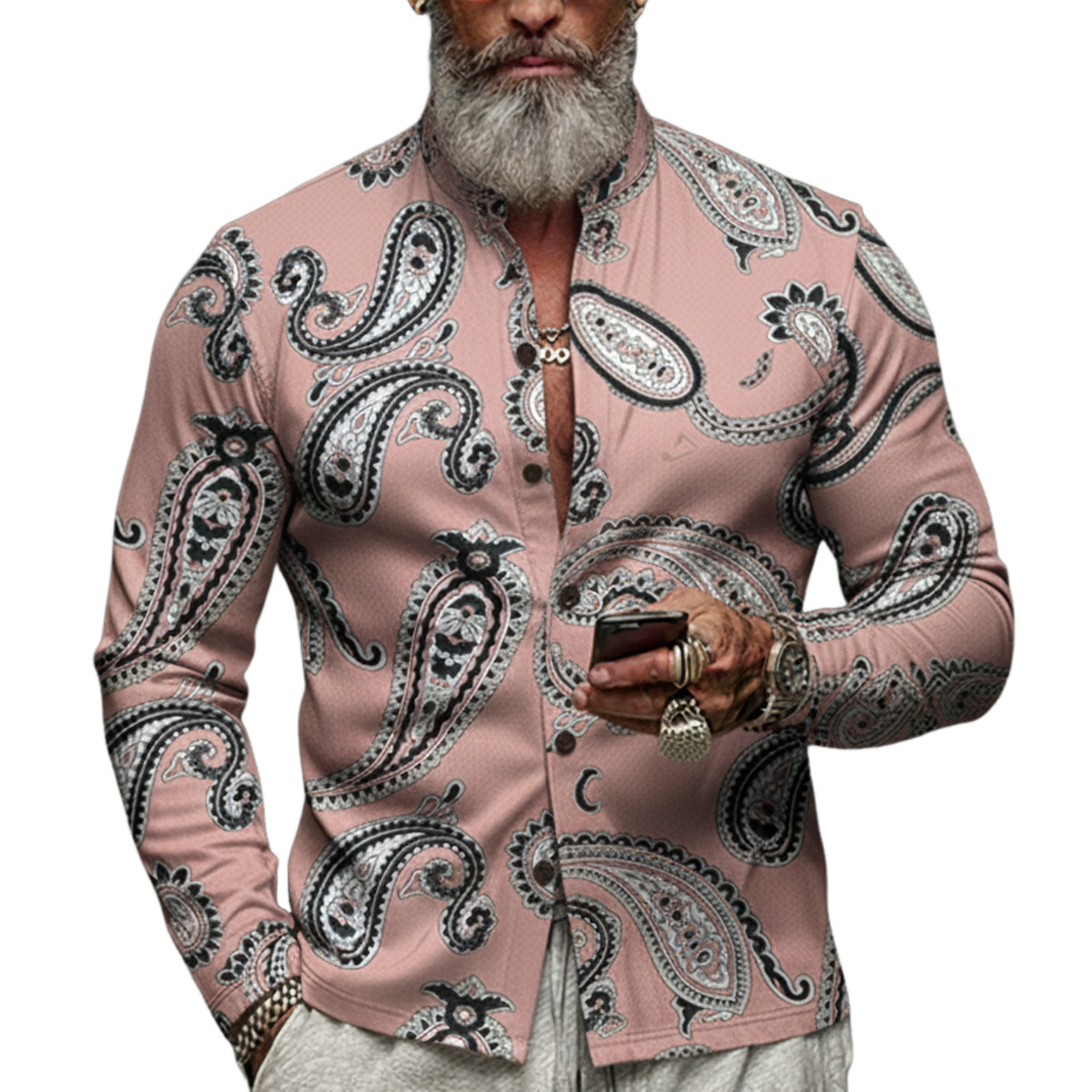 Men's Classic Vintage Pink Printed Blended Long-sleeved Shirt MTA1745L7K