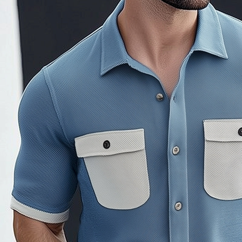 Herre sommerskjorte med korte ermer i twill, fargeblokkmønster MTA2793E7U