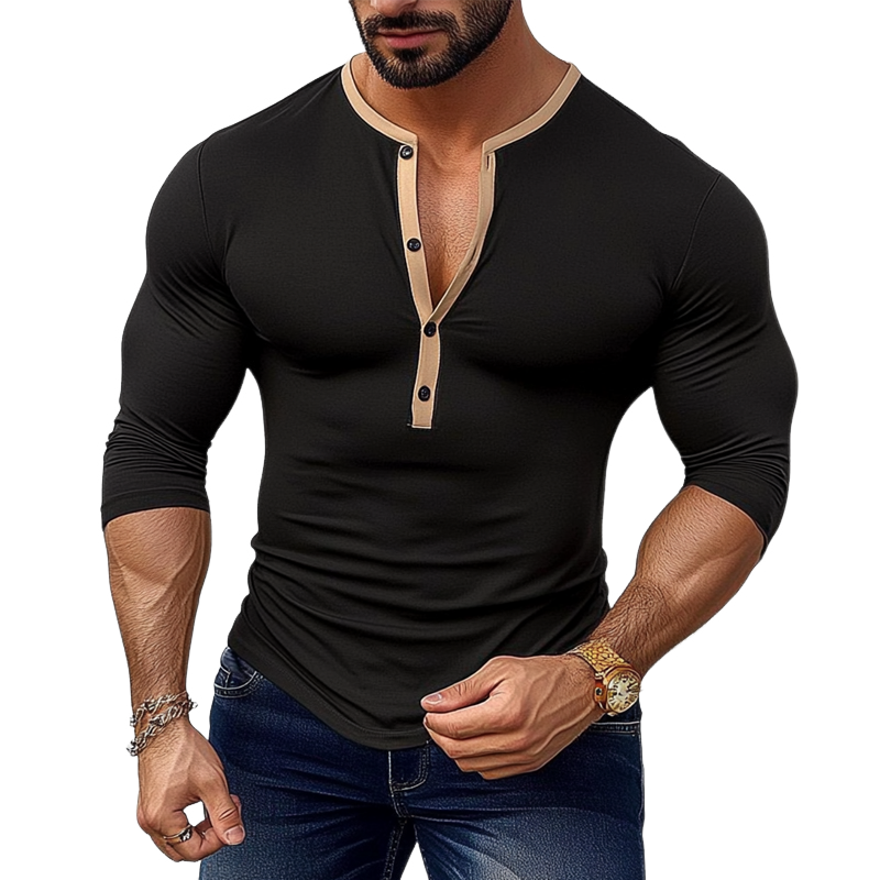 Men's Cotton Blend Contrast Color Henley Crew Neck Long Sleeve T-shirt MTA2084H7X