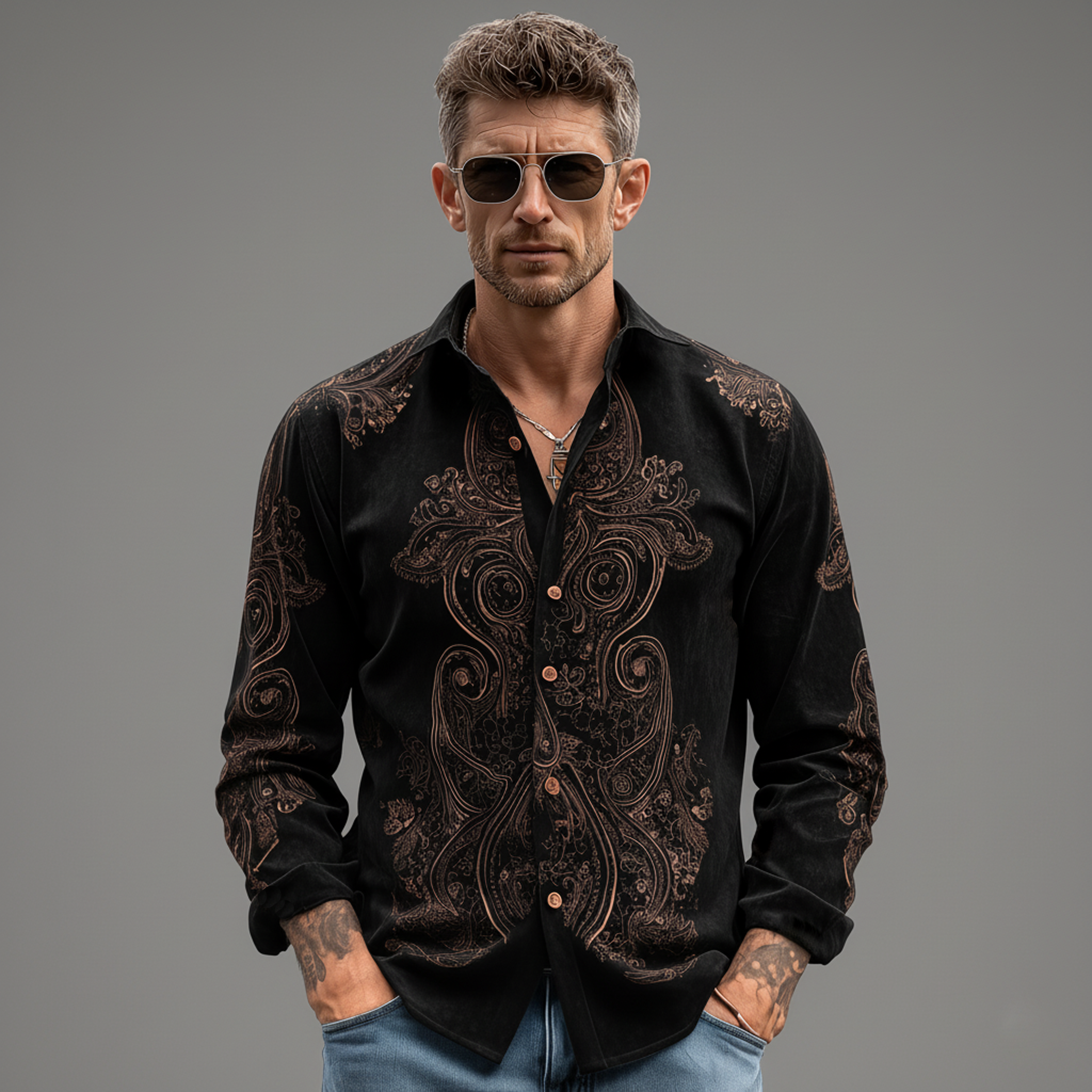 Men's Classic Vintage Faux Velvet Printed Long-sleeved Shirt MTA2096L8K