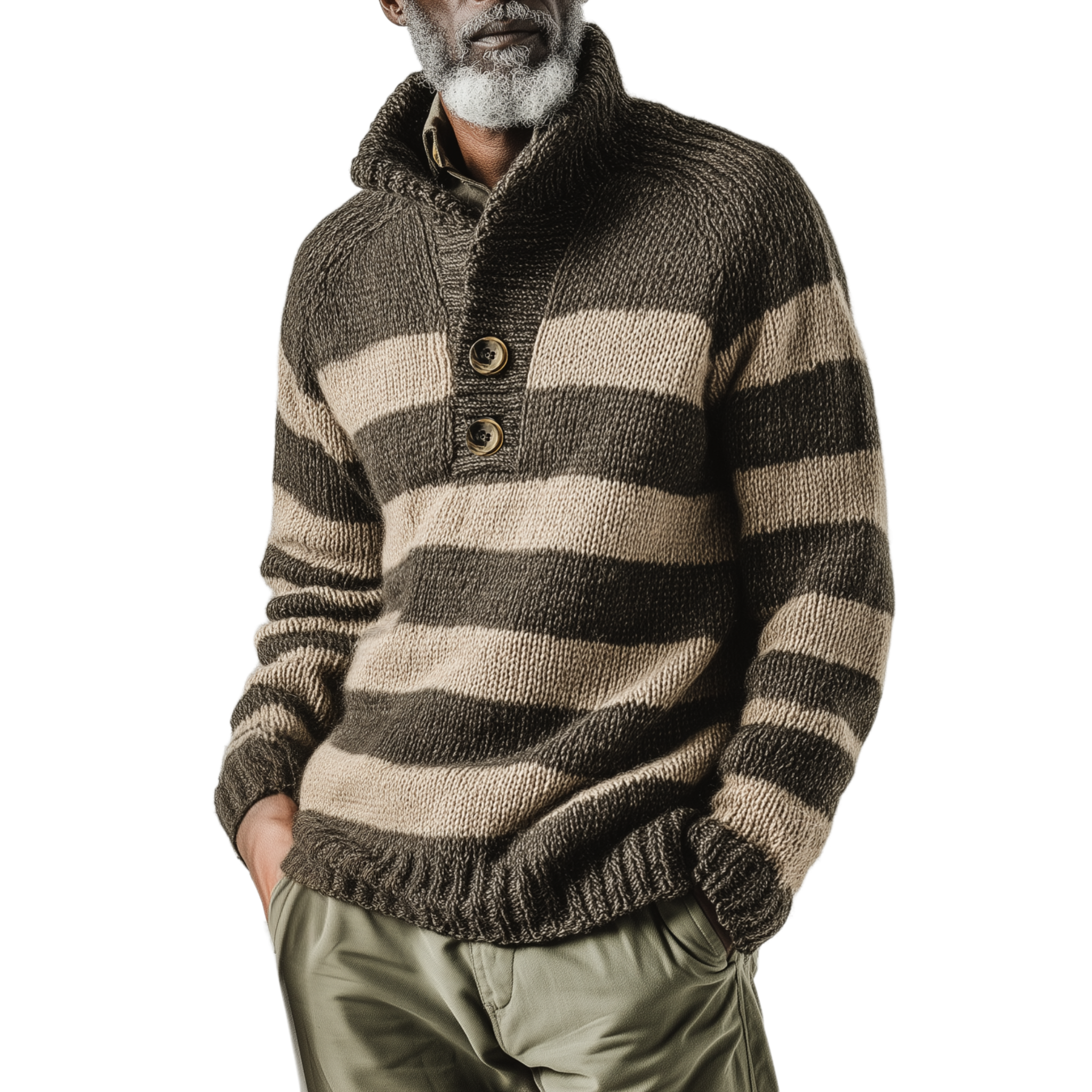 Men's Classic Casual Contrast Color Horizontal Striped Stand Collar Button Loose Sweater MTA2859I5K