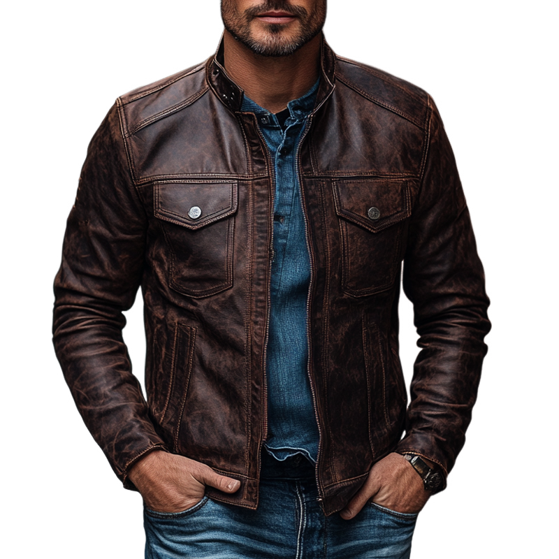 Men's Vintage Stand Collar Zipper Distressed PU Jacket MTA0131I5X