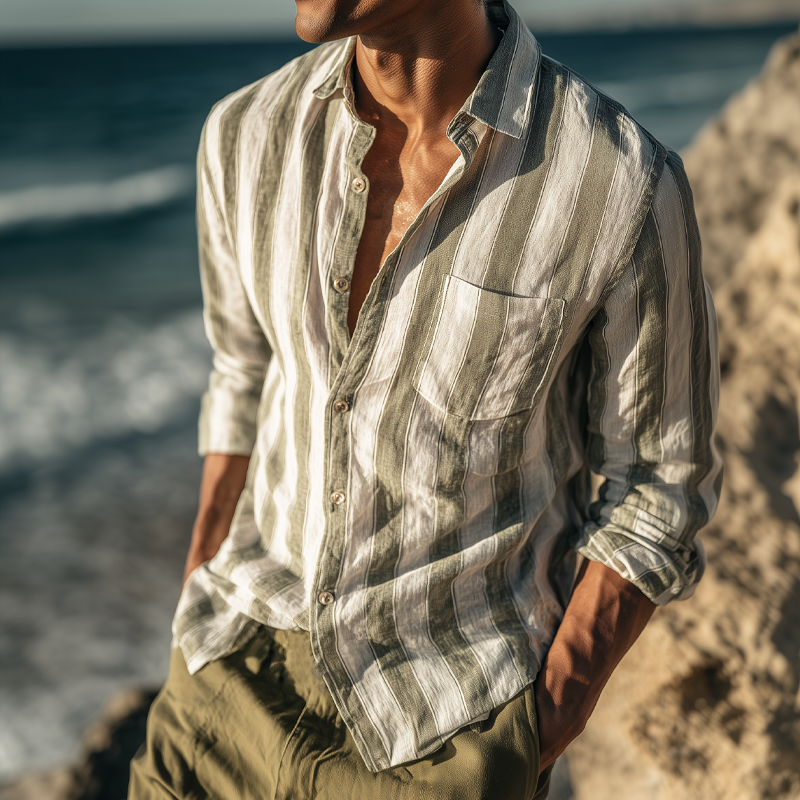 Men's Summer Classic Vertical Striped Casual Long-sleeved Shirt MTA0749G7U