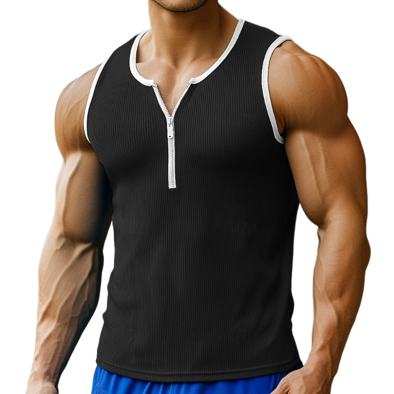 Men's Casual Cotton Blend Contrast Color Ribbed Zipper Neck Slim Fit Tank Top MTA1460E0M